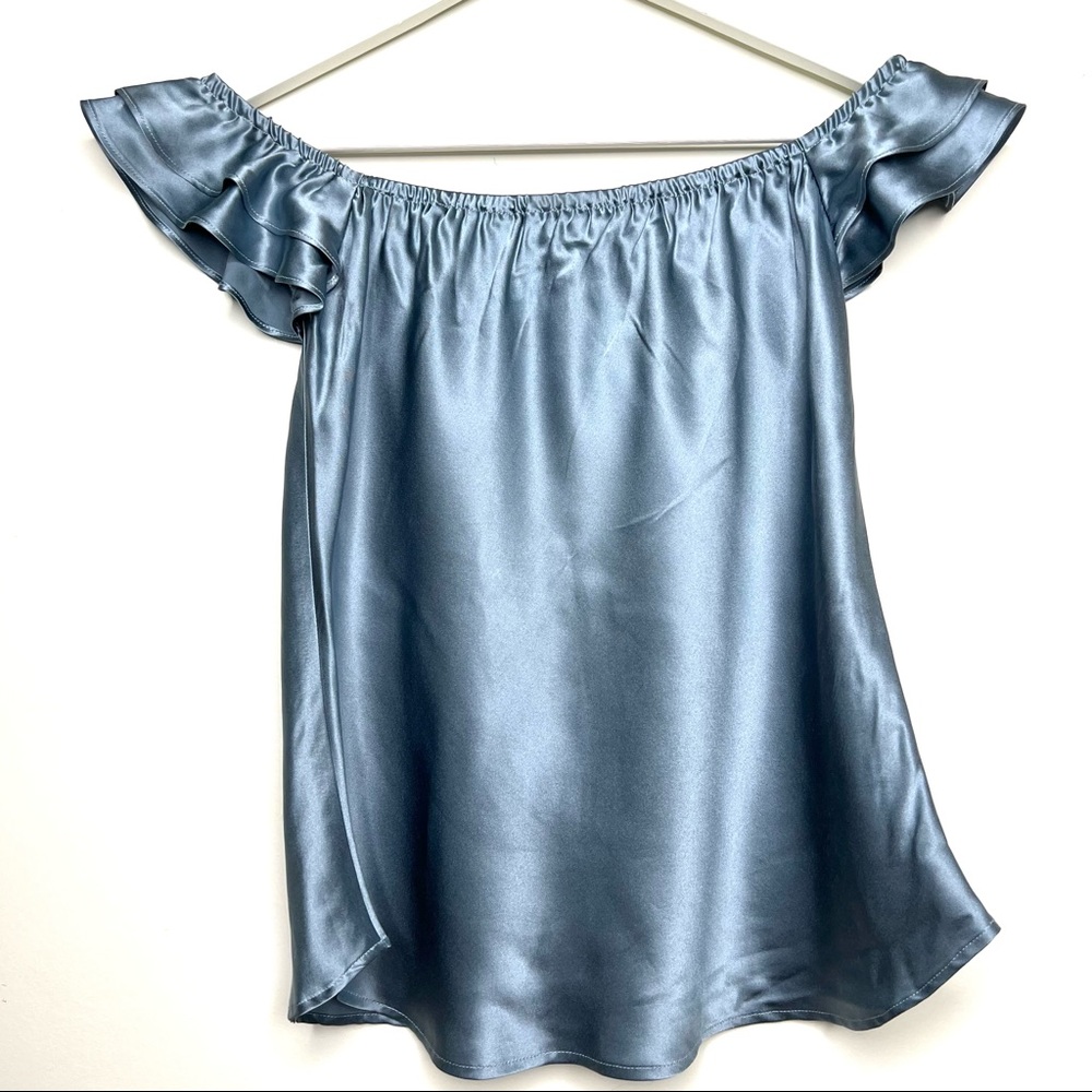 Reformation Satin Off-Shoulder Top in Dusty Blue